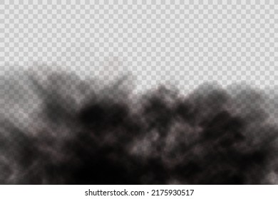 Dust Black Cloud With  Dirt,cigarette Smoke, Smog, Soil And Sand  Particles. Realistic Vector Isolated On Transparent Background. Concept House Cleaning, Air Pollution,big Explosion.