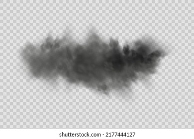 Nube negra de polvo con suciedad, humo de cigarrillos, smog, suelo y partículas de arena. Vector realista aislado en un fondo transparente. Limpieza domiciliaria, contaminación del aire, gran explosión.