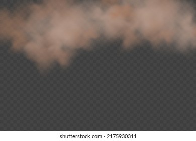 Dust  brown cloud with dirt,cigarette smoke, smog, soil and sand  particles. Realistic vector isolated on transparent background. Concept house cleaning, air pollution,big explosion.