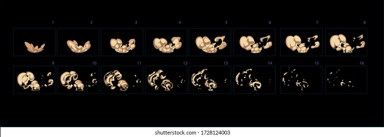 Dust burst animation . Sprite sheet of dust effect animation for games, cartoon or animation. Set of frames dust animation. – Vector