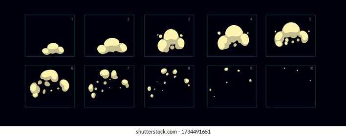 Dust burst explosion animation . Sprite sheet of dust effect animation for games, cartoon or animation. Set of frames fire animation. – Vector