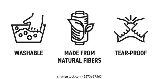 Dust cloth or any other textile products icons set with general properties - Tear-proof, Made from natural fibers, Washable. Pictograms for labeling in bold line