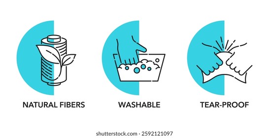 Dust cloth or any other textile products icons set with general properties - Tear-proof, Made from natural fibers, Washable. Pictograms for labeling in thin line and semicircle shape