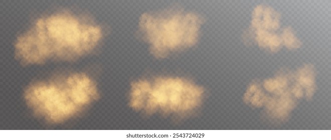 Dust cloud. Desert smoke. Sandstorm. Brown flying particle. 3D smog explosion. Grain spray with glitter.