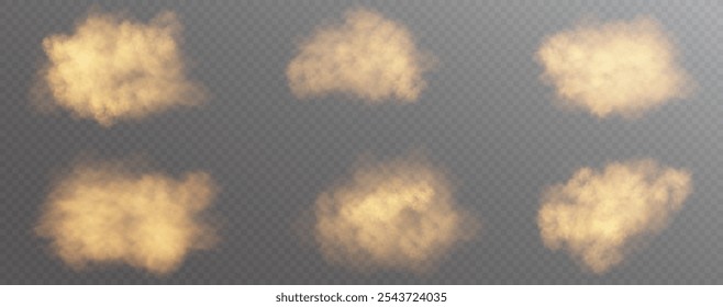 Dust cloud. Desert smoke. Sandstorm. Brown flying particle. 3D smog explosion. Grain spray with glitter.
