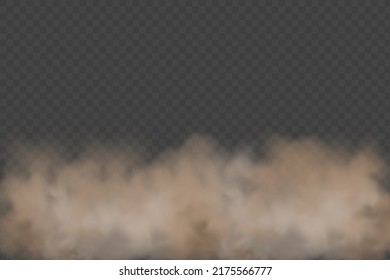 Dust cloud with dirt,cigarette smoke, smog, soil and sand  particles. Realistic vector isolated on transparent background. Concept house cleaning, air pollution,big explosion,desert sandstorm.
