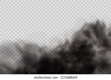 Dust cloud with dirt,cigarette smoke, smog, soil and sand  particles. Realistic vector isolated on transparent background. Concept house cleaning, air pollution,big explosion,desert sandstorm.
