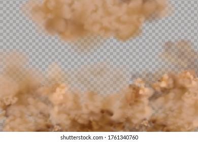 Dust cloud  or dry sand flying ,road dust cloud with particles with dirt,cigarette smoke, smog, soil and sand  particles. Realistic vector isolated on transparent background. 
