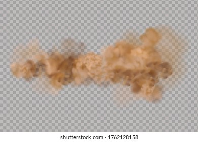 Dust cloud  or dry sand flying ,road dust cloud with particles with dirt,cigarette smoke, smog, soil and sand  particles. Realistic vector isolated on transparent background. 