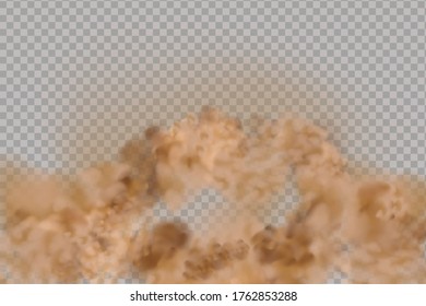 Dust cloud  or dry sand flying ,road dust cloud with particles with dirt,cigarette smoke, smog, soil and sand  particles. Realistic vector isolated on transparent background. 