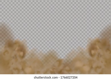 Dust cloud  or dry sand flying ,road dust cloud with particles with dirt,cigarette smoke, smog, soil and sand  particles. Realistic vector isolated on transparent background. 
