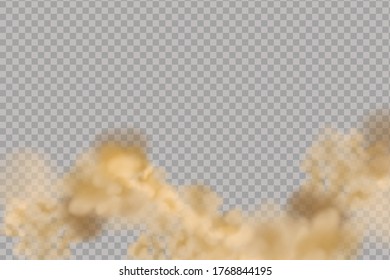 Dust cloud  or dry sand flying ,road dust cloud with particles with dirt,cigarette smoke, smog, soil and sand  particles. Realistic vector isolated on transparent background. 