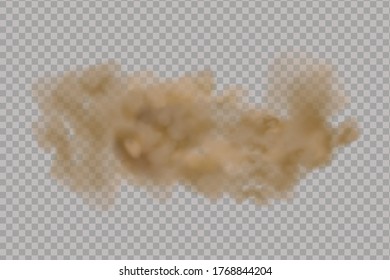 Dust cloud  or dry sand flying ,road dust cloud with particles with dirt,cigarette smoke, smog, soil and sand  particles. Realistic vector isolated on transparent background. 