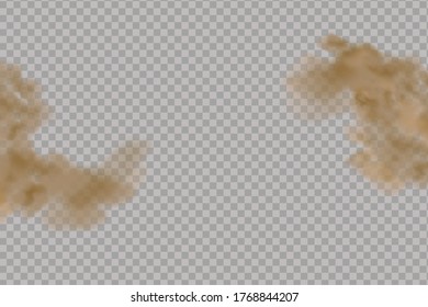 Dust cloud  or dry sand flying ,road dust cloud with particles with dirt,cigarette smoke, smog, soil and sand  particles. Realistic vector isolated on transparent background. 