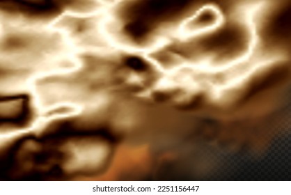 Nubes de polvo con fuego, humo de cigarrillos y smog negro. Vector realista aislado en un fondo transparente. Limpieza domiciliaria, contaminación del aire, gran explosión, tormenta de arena desértica.
