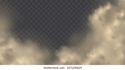 Nube de polvo con partículas de suciedad, humo de cigarrillo, smog, suelo y partículas de arena. Vector realista aislado en un fondo transparente. Concepto limpieza doméstica, contaminación del aire, gran explosión, desierto.
