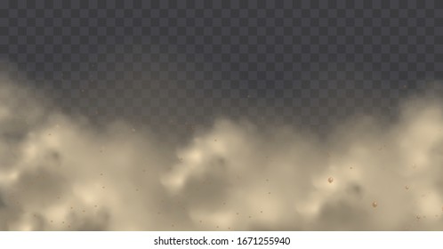 Dust cloud with particles with dirt,cigarette smoke, smog, soil and sand  particles. Realistic vector isolated on transparent background. Concept house cleaning, air pollution,big explosion,desert .
