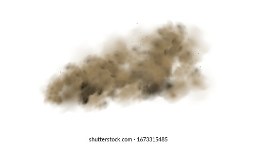 Staubwolken mit Partikeln wie Schmutz, Zigarettenrauch, Smog, Boden und Sand-Teilchen. Realistische Vektorillustration einzeln auf transparentem Hintergrund. Konzeption Hausreinigung, Luftverschmutzung, große Explosion, Wüste .
