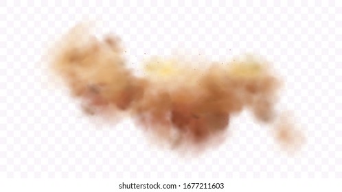 Nube de polvo con partículas de suciedad, humo de cigarrillo, smog, suelo y partículas de arena. Vector realista aislado en un fondo transparente. Concepto limpieza doméstica, contaminación del aire, gran explosión, desierto.
