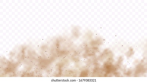 Dust cloud with particles with dirt,cigarette smoke, smog, soil and sand  particles. Realistic vector isolated on transparent background. Concept house cleaning, air pollution,big explosion,desert.
