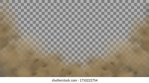 Nube de polvo con partículas de suciedad, humo de cigarrillo, smog, suelo y partículas de arena. Vector realista aislado en un fondo transparente. Concepto limpieza doméstica, contaminación del aire, gran explosión, desierto.
