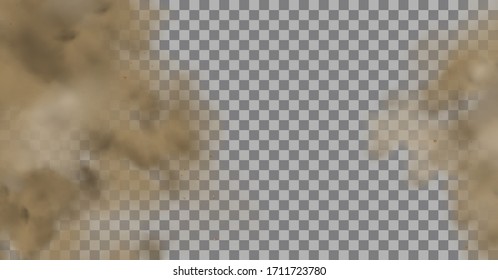 Staubwolken mit Partikeln wie Schmutz, Zigarettenrauch, Smog, Boden und Sand-Teilchen. Realistische Vektorillustration einzeln auf transparentem Hintergrund. Konzeption Hausreinigung, Luftverschmutzung, große Explosion...
