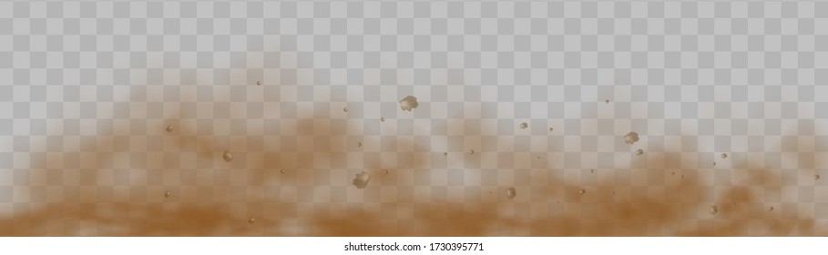 Dust cloud with particles with dirt,cigarette smoke, smog, soil and sand  particles. Realistic vector isolated on transparent background. Concept house cleaning, air pollution,big explosion.
