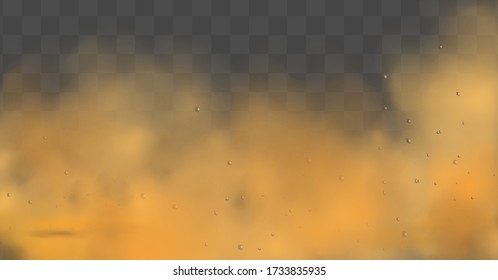 Nubes de polvo con partículas de suciedad, humo de cigarrillos, smog, suelo y partículas de arena. Vector realista aislado en un fondo transparente. Limpieza domiciliaria, contaminación del aire, gran explosión.
