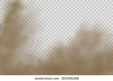 Staubwolken mit Partikeln wie Schmutz, Zigarettenrauch, Smog, Boden und Sand-Teilchen. Realistische Vektorgrafik einzeln auf transparentem Hintergrund. Konzept Hausreinigung, Luftverschmutzung.
