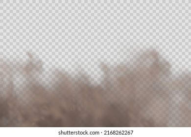 Dust cloud with particles dirt,cigarette smoke, smog, soil and sand. Realistic vector isolated on transparent background. Concept house cleaning, air pollution,big explosion,desert sandstorm.
