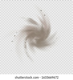 Dust cloud, sand storm, powder spray on transparent background. Desert wind with cloud of dust and sand. Realistic vector illustration
