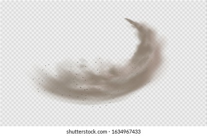 Dust cloud, sand storm, powder spray on transparent background. Desert wind with cloud of dust and sand. Realistic vector illustration