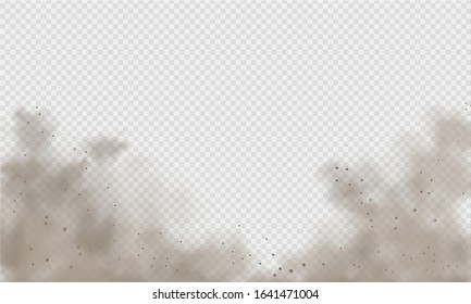 Dust cloud, sand storm, powder spray on transparent background. Desert wind with cloud of dust and sand. Realistic vector illustration