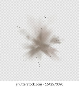 Dust cloud, sand storm, powder spray on transparent background. Desert wind with cloud of dust and sand. Realistic vector illustration