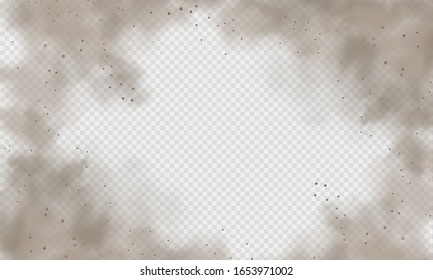 Dust cloud, sand storm, powder spray on transparent background. Desert wind with cloud of dust and sand. Realistic vector illustration
