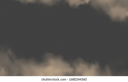 Nubes de polvo, tormenta de arena, pulverización en polvo sobre fondo transparente. El viento del desierto con nubes de polvo y arena. Ilustración vectorial realista