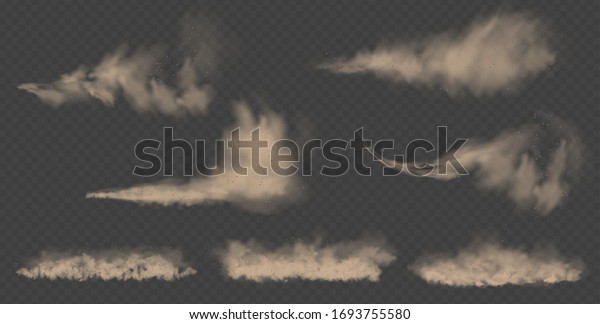 Dust cloud, sand storm, powder spray on\
transparent background. Desert wind with cloud of dust and sand.\
Realistic vector\
illustration