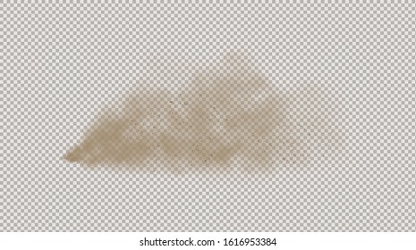 Dust cloud with small particles or grains of sand isolated on a transparent background. Dirty sandy cloud realistic vector illustration. Smoke.