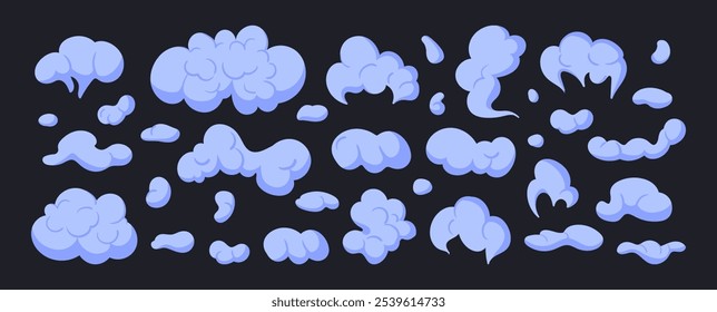 Nubes de polvo. Cómic pequeño humo puff stream nubes, nube puffs siluetas Ilustración vectorial plana conjunto. Dibujos animados de pequeñas nubes de humo