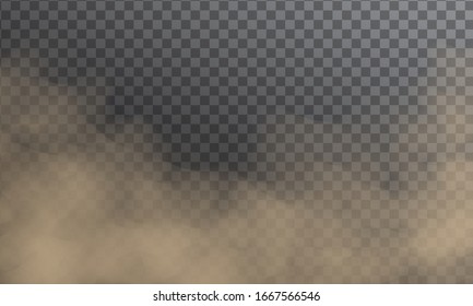 Dust clouds pollution. Flying sand or dirty smoke isolated on dark transparent background