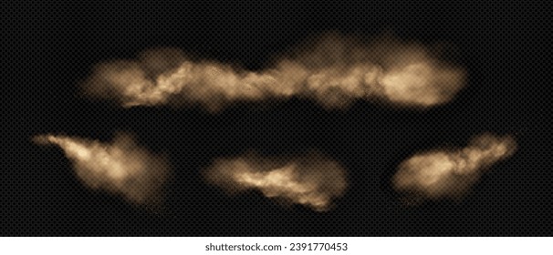 Dust clouds set isolated on transparent background. Vector realistic illustration of desert sand storm effect, brown dirt particles flying in wind, mud explosion, dirty powder spray, air pollution