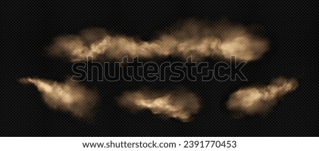 Dust clouds set isolated on transparent background. Vector realistic illustration of desert sand storm effect, brown dirt particles flying in wind, mud explosion, dirty powder spray, air pollution
