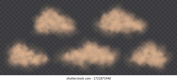 Dust clouds set, road dirt, brown sandstorm explosion in desert concept. Dirty sandy clouds isolated on a transparent background. Vector illustration.