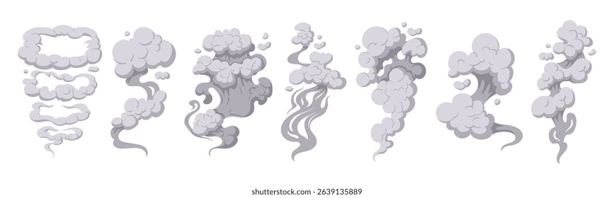 Dust clouds. Smoke puff stream clouds, steaming cloud flows silhouettes flat vector illustrations set. Smoke explosion clouds
