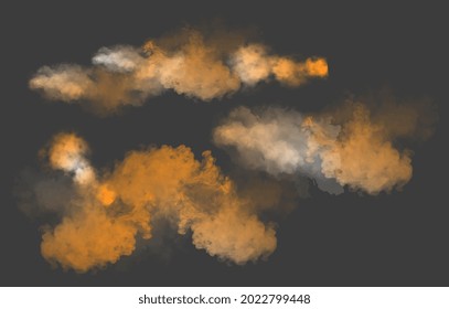 Dust colorful sand clouds with flying dusty on dark grey background. Concept of desert sandstorm template for creative use. Flat cartoon vector illustration