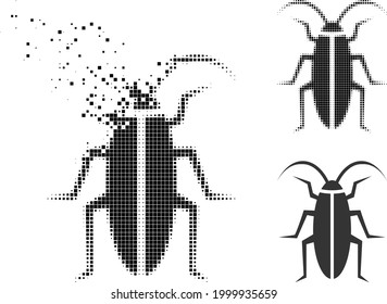 Dust dotted cockroach pictogram with halftone version. Vector destruction effect for cockroach pictogram. Pixel dissolving process for cockroach gives movement of virtual world.