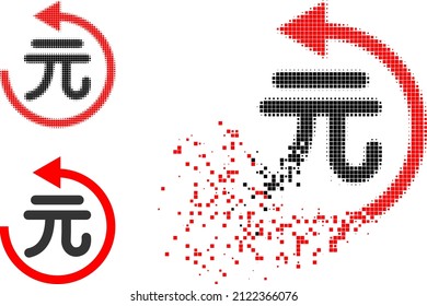 Dust dotted yuan refund icon with halftone version. Vector wind effect for yuan refund icon. Pixel creation effect for yuan refund shows movement of cyberspace items.