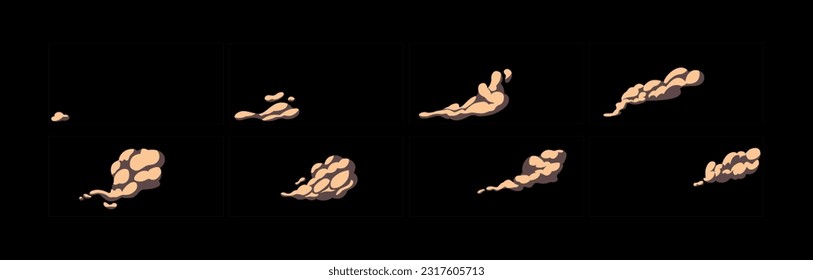 Dust explosion animation. 2d cartoon smoke animated sprite sheet frames. Boom burst effect storyboard vector illustration set.