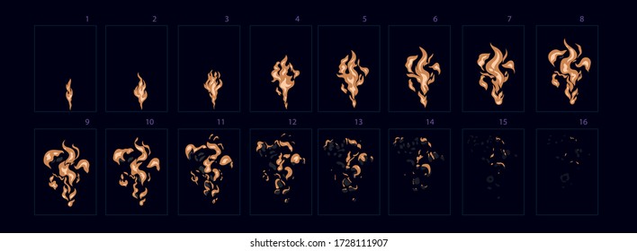 Dust explosion animationSprites sheet. campfire, fire trap, fire pillar vector flame video frames for game design