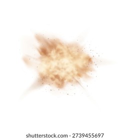 Dust explosion, brown particles, smog cloud, realistic overlay effect. Smog, dirt, sandstorm, construction, cleaning. Grunge style. Vector illustration. Isolated background.